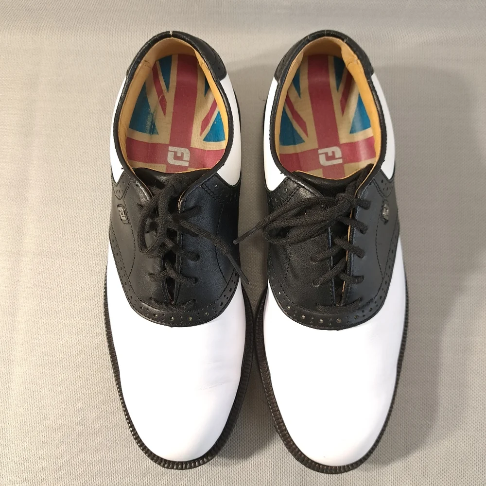 FJ FOOTJOY Men's Golf Shoes White/Black 7 1/2 M‎ Rubber Cleats Leather 57009